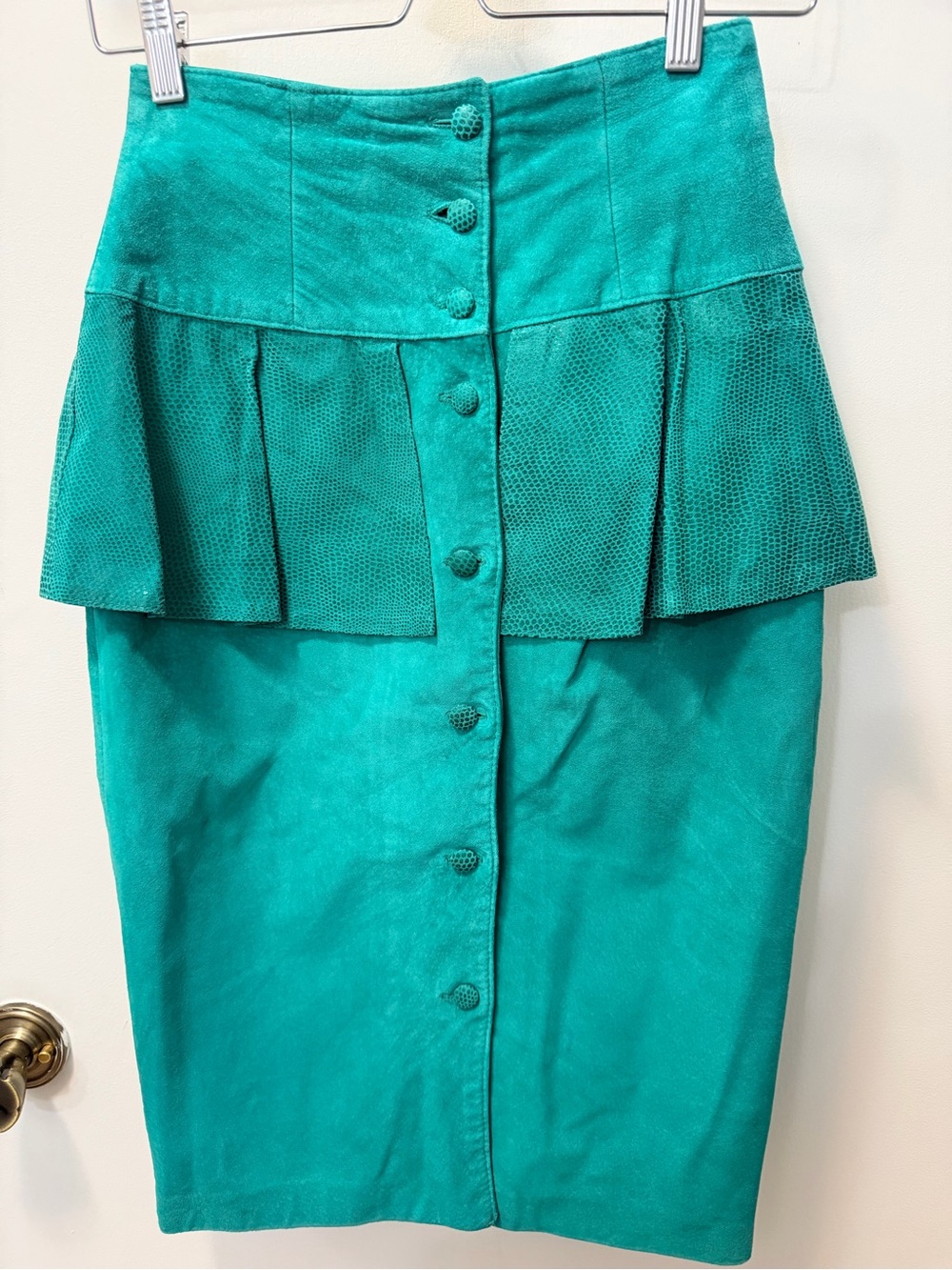 Teal High-Waist Button-Front Suede Peplum Pencil Skirt